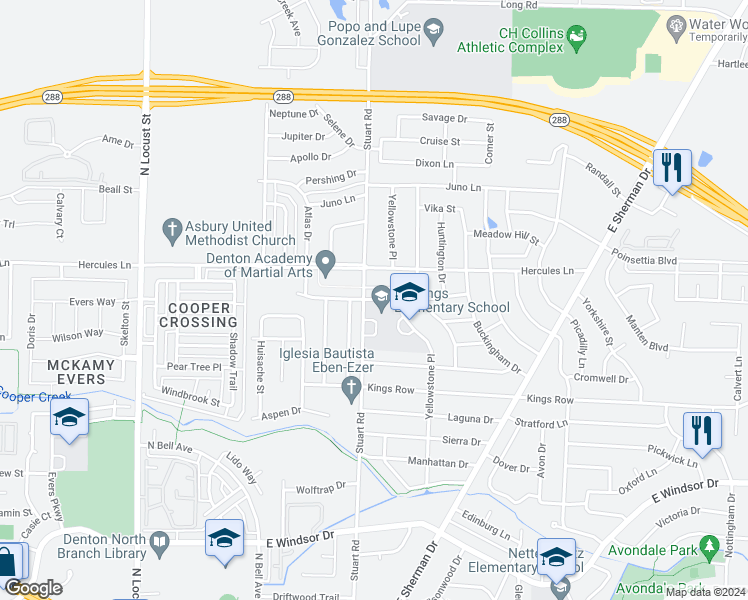 map of restaurants, bars, coffee shops, grocery stores, and more near 800 Sun Valley Drive in Denton