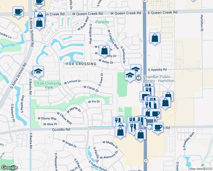 map of restaurants, bars, coffee shops, grocery stores, and more near 340 West Locust Drive in Chandler