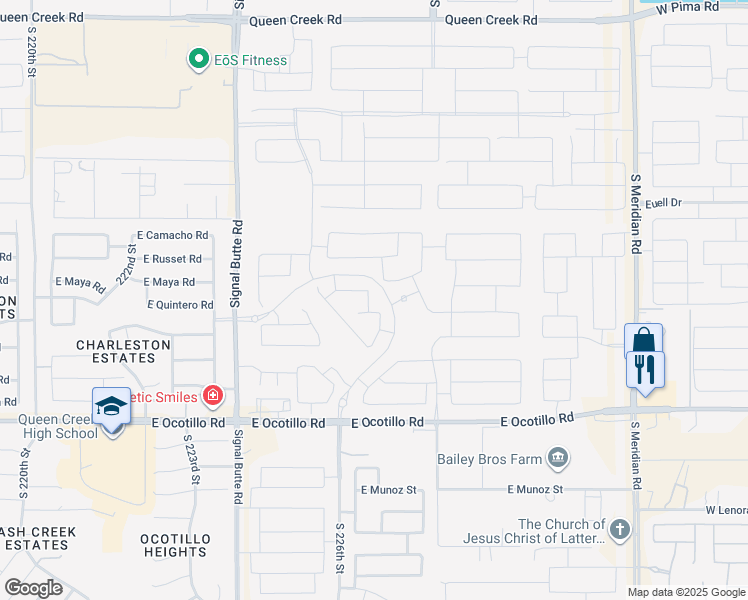 map of restaurants, bars, coffee shops, grocery stores, and more near 22735 East Maya Road in Queen Creek