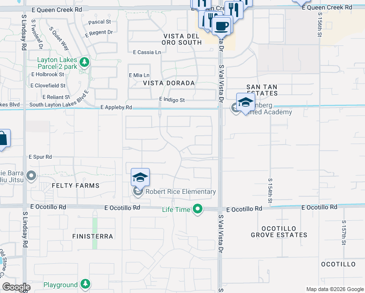 map of restaurants, bars, coffee shops, grocery stores, and more near 21207-21979 South 150th Street in Gilbert
