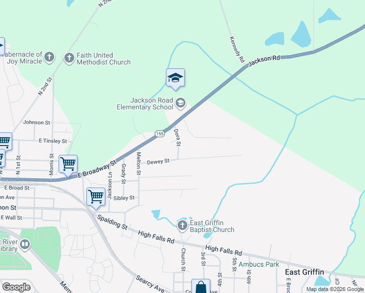 map of restaurants, bars, coffee shops, grocery stores, and more near 421 Dora Street in Griffin
