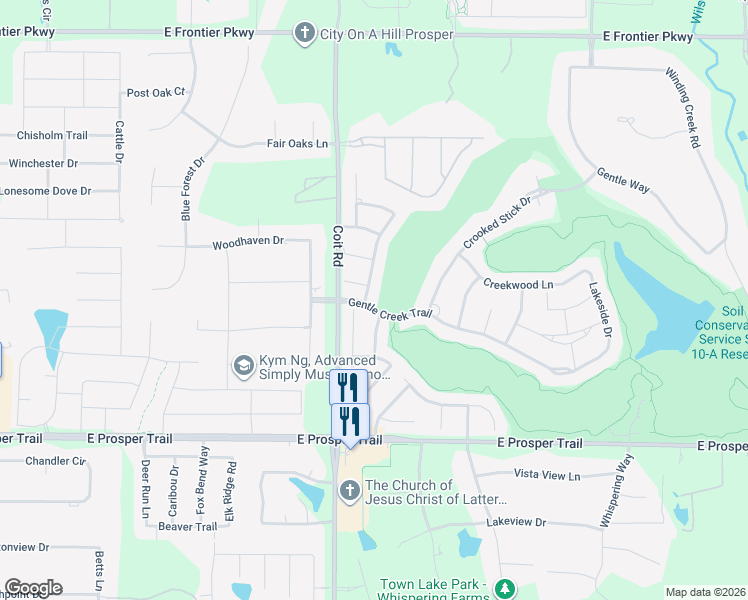 map of restaurants, bars, coffee shops, grocery stores, and more near 1520 Rock Ridge Drive in Prosper
