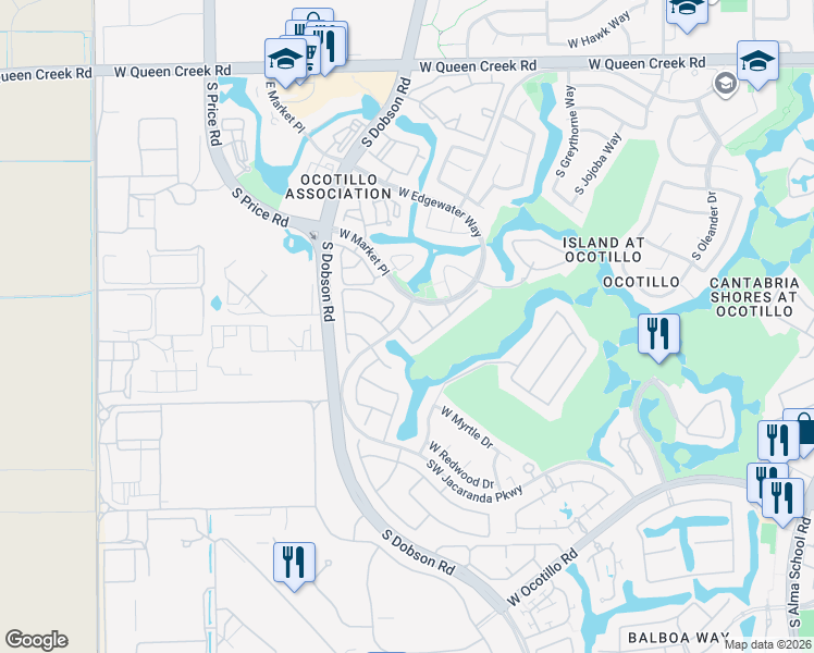 map of restaurants, bars, coffee shops, grocery stores, and more near 3631 South Hawthorn Drive in Chandler