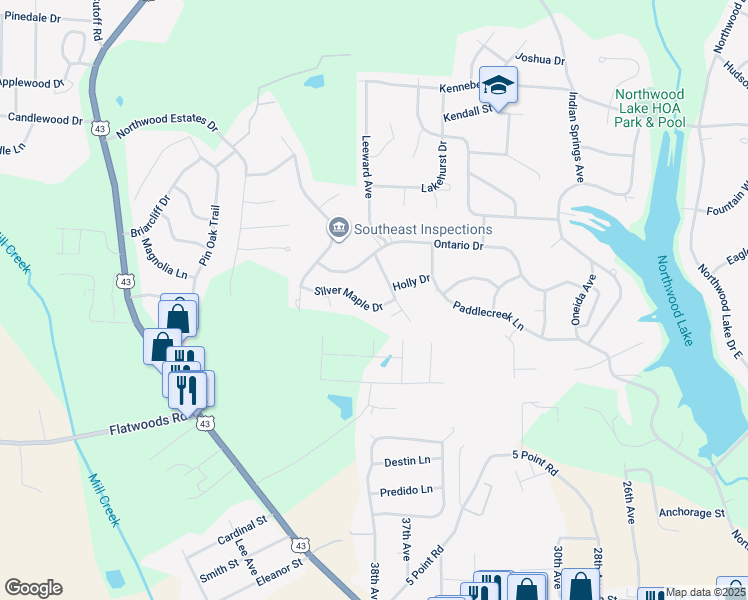 map of restaurants, bars, coffee shops, grocery stores, and more near 3808 Silver Maple Drive in Northport