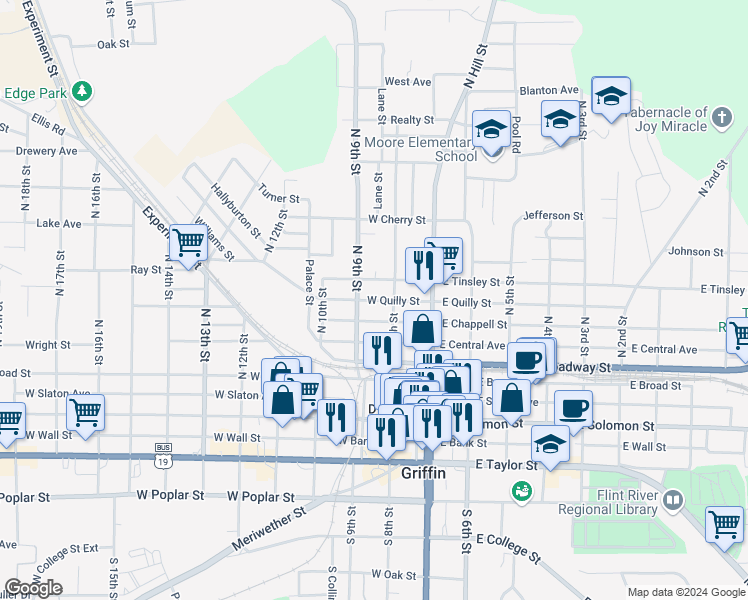 map of restaurants, bars, coffee shops, grocery stores, and more near 217 West Quilly Street in Griffin