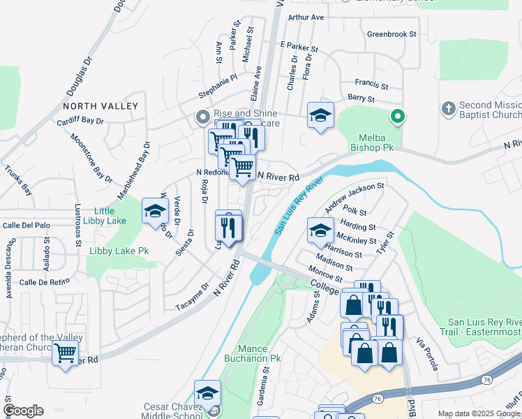 map of restaurants, bars, coffee shops, grocery stores, and more near Cascade Way in Oceanside