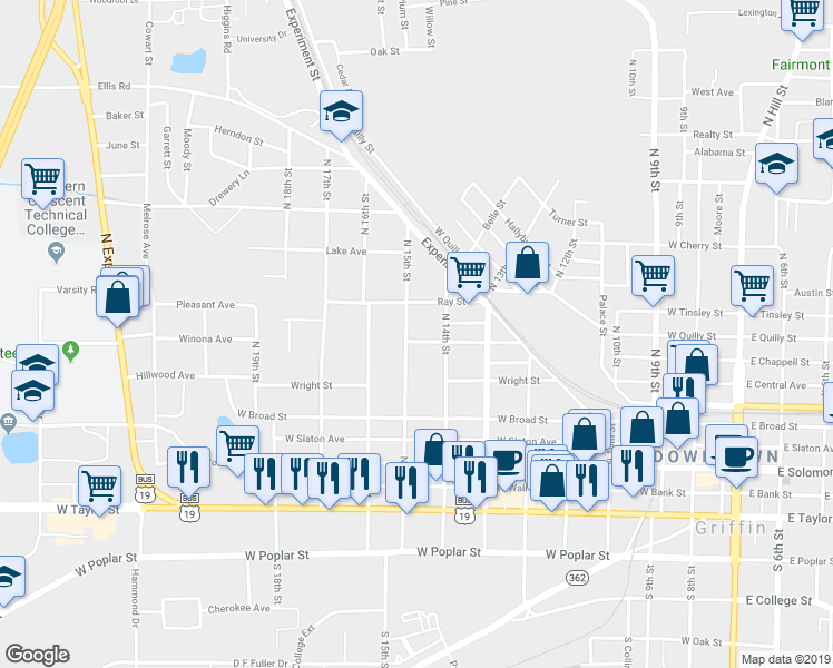 map of restaurants, bars, coffee shops, grocery stores, and more near 827 Hammock Street in Griffin
