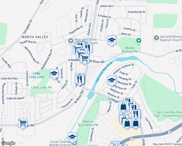 map of restaurants, bars, coffee shops, grocery stores, and more near 5086 Cascade Way in Oceanside