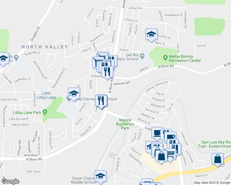 map of restaurants, bars, coffee shops, grocery stores, and more near 5076 Tranquil Way in Oceanside