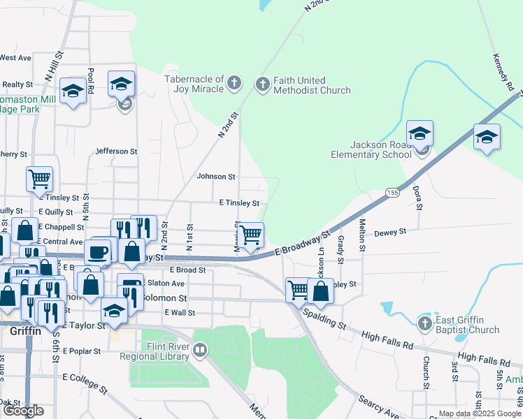 map of restaurants, bars, coffee shops, grocery stores, and more near 410 Pelly Avenue in Griffin