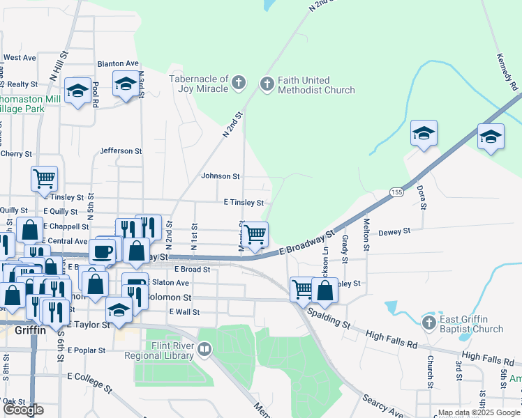 map of restaurants, bars, coffee shops, grocery stores, and more near 811 East Tinsley Street in Griffin