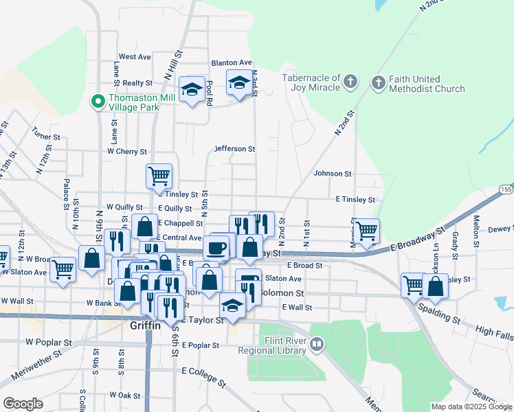 map of restaurants, bars, coffee shops, grocery stores, and more near 509 East Tinsley Street in Griffin