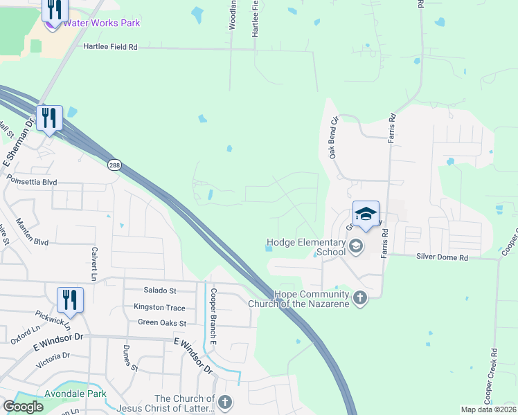 map of restaurants, bars, coffee shops, grocery stores, and more near 3474 North Loop 288 in Denton