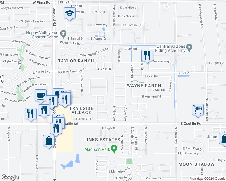map of restaurants, bars, coffee shops, grocery stores, and more near 41156 North Vine Avenue in San Tan Valley