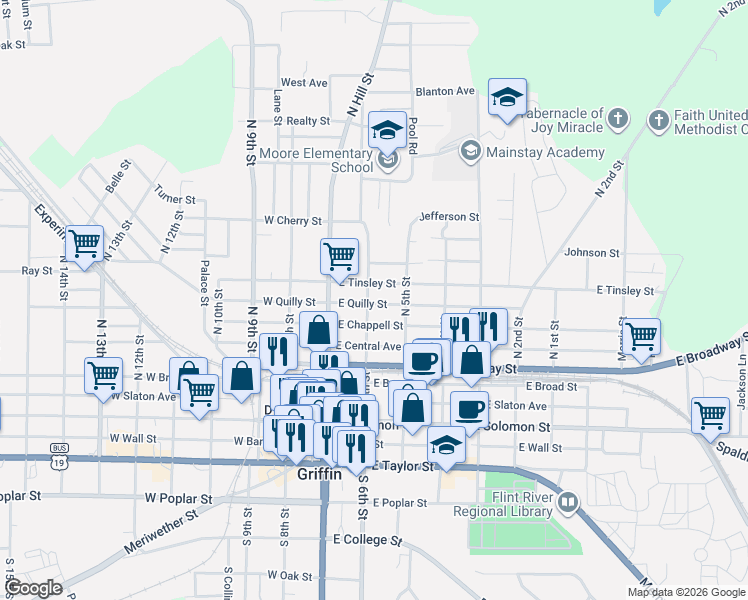 map of restaurants, bars, coffee shops, grocery stores, and more near 122 East Tinsley Street in Griffin