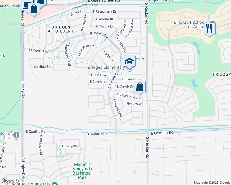 map of restaurants, bars, coffee shops, grocery stores, and more near 3796 East Rakestraw Lane in Gilbert