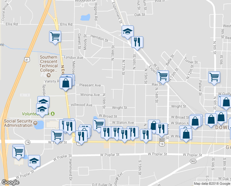 map of restaurants, bars, coffee shops, grocery stores, and more near 308 Louise in Griffin