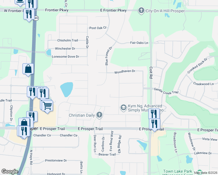 map of restaurants, bars, coffee shops, grocery stores, and more near 1360 Blue Forest Drive in Prosper