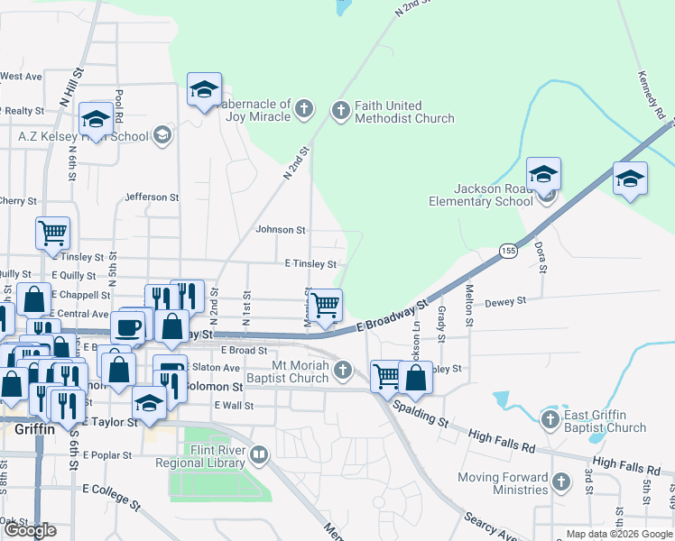 map of restaurants, bars, coffee shops, grocery stores, and more near 410 Pelly Avenue in Griffin