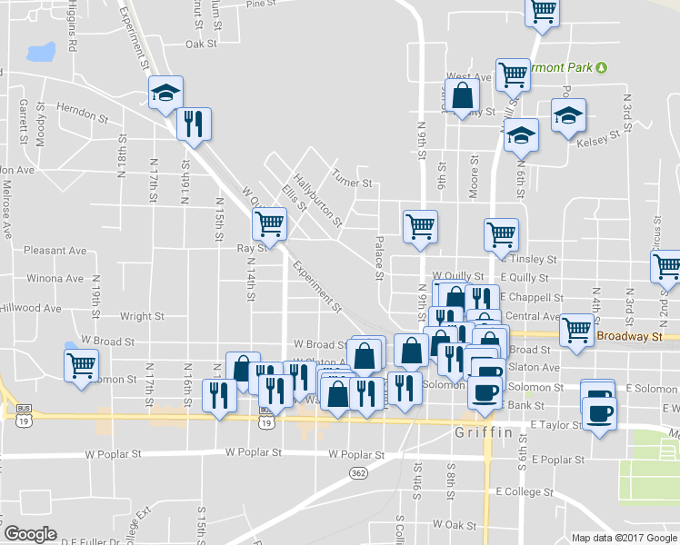 map of restaurants, bars, coffee shops, grocery stores, and more near 502 West Broadway Street in Griffin