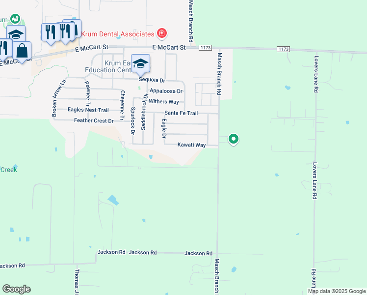 map of restaurants, bars, coffee shops, grocery stores, and more near 1627 Kawati Way in Krum
