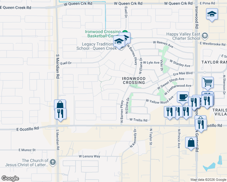 map of restaurants, bars, coffee shops, grocery stores, and more near 1005 Empress Tree Avenue in San Tan Valley