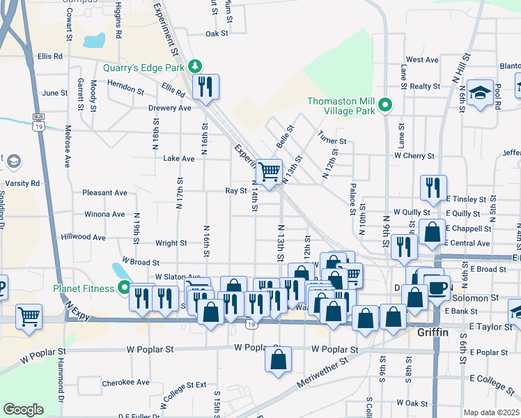 map of restaurants, bars, coffee shops, grocery stores, and more near 723 Randall Street in Griffin