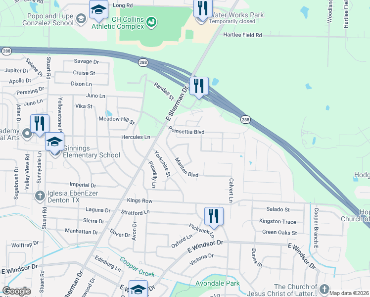 map of restaurants, bars, coffee shops, grocery stores, and more near 1501 La Mirada in Denton