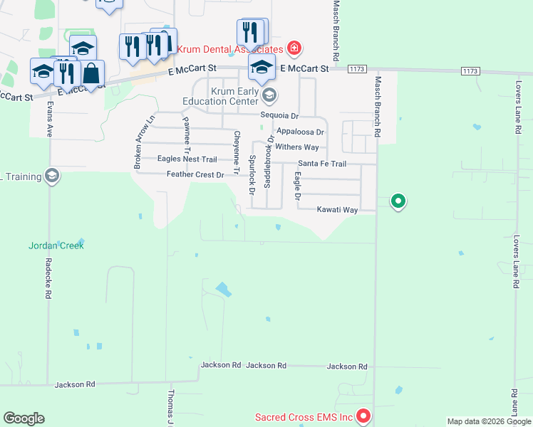 map of restaurants, bars, coffee shops, grocery stores, and more near 1518 Sturgeon Trail in Krum