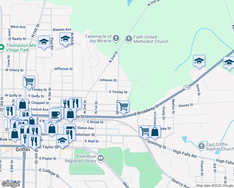 map of restaurants, bars, coffee shops, grocery stores, and more near 227 Morris Street in Griffin