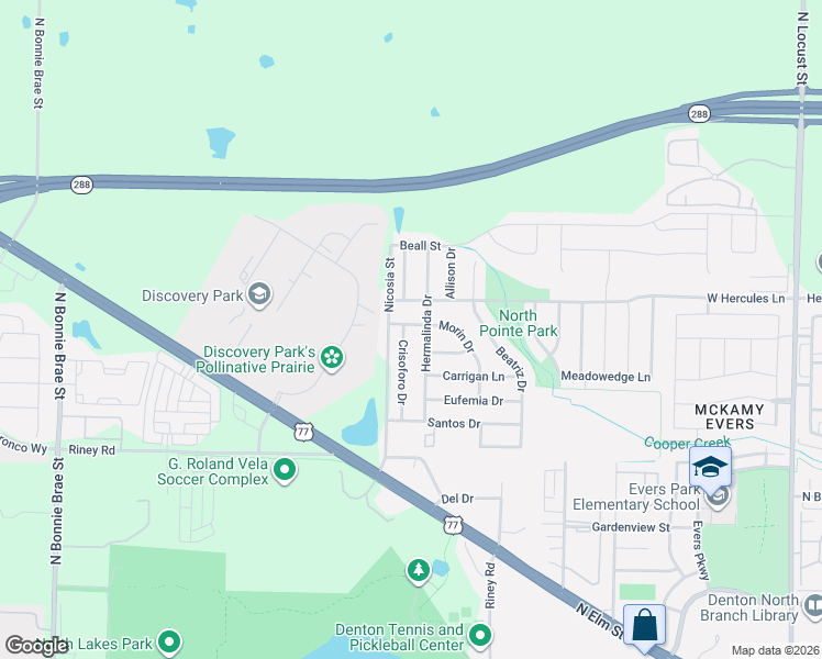map of restaurants, bars, coffee shops, grocery stores, and more near 1536 Morin Drive in Denton