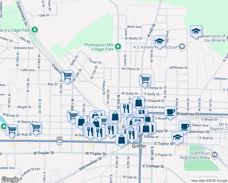 map of restaurants, bars, coffee shops, grocery stores, and more near 339 North 9th Street in Griffin