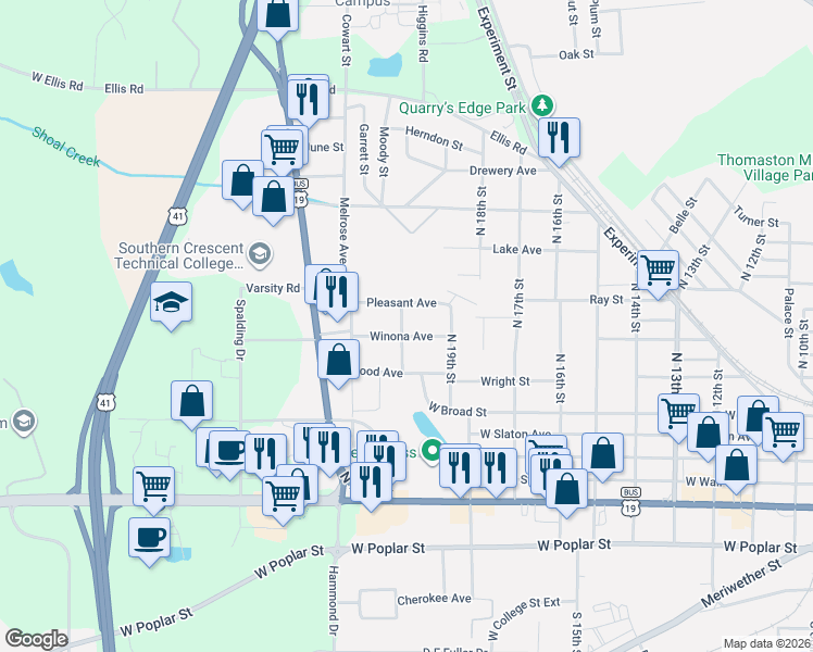 map of restaurants, bars, coffee shops, grocery stores, and more near 1222 Pleasant Avenue in Griffin