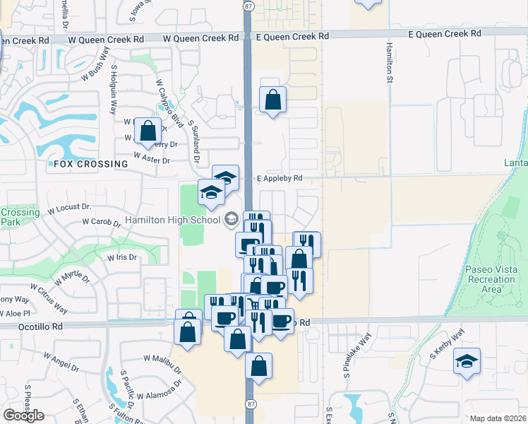 map of restaurants, bars, coffee shops, grocery stores, and more near 3591 South Arizona Place in Chandler