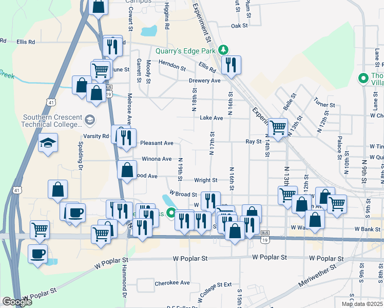 map of restaurants, bars, coffee shops, grocery stores, and more near 311 Louise in Griffin