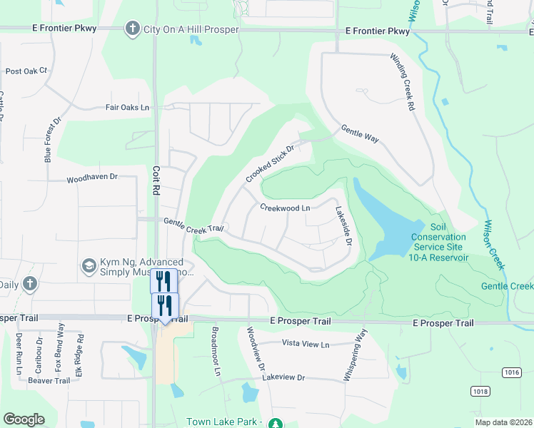 map of restaurants, bars, coffee shops, grocery stores, and more near 2871 Creekwood Lane in Prosper