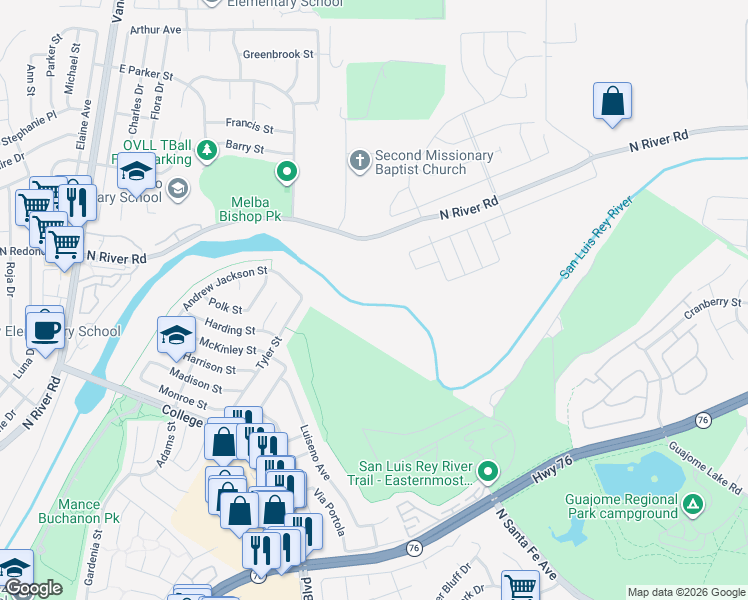 map of restaurants, bars, coffee shops, grocery stores, and more near 5451-5599 North River Road in Oceanside