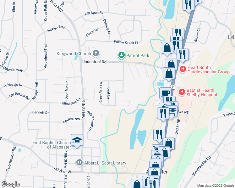 map of restaurants, bars, coffee shops, grocery stores, and more near 104 Greenwood Lane in Alabaster