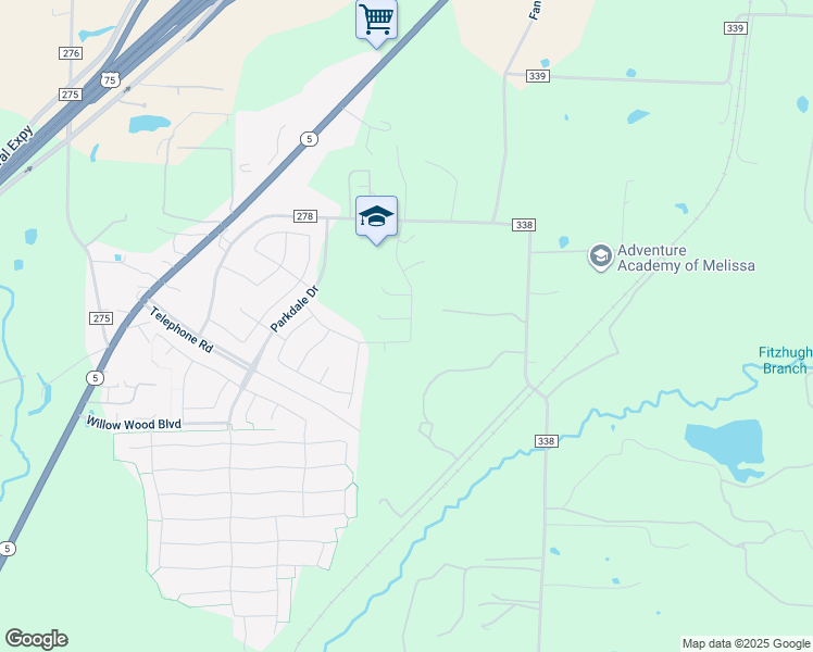 map of restaurants, bars, coffee shops, grocery stores, and more near 3585 County Road 338 in Melissa