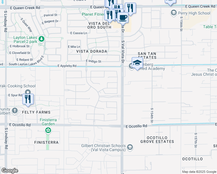 map of restaurants, bars, coffee shops, grocery stores, and more near 9882-21198 South Val Vista Drive in Gilbert
