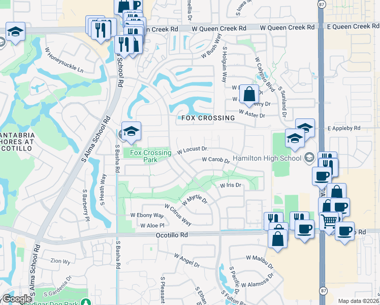 map of restaurants, bars, coffee shops, grocery stores, and more near 3563 South Cox Court in Chandler