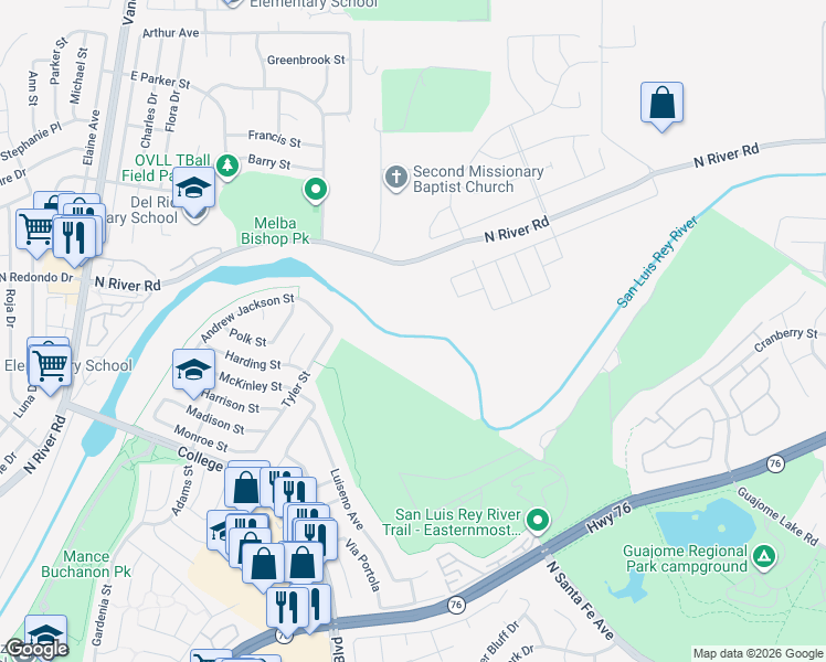 map of restaurants, bars, coffee shops, grocery stores, and more near 5451-5599 North River Road in Oceanside
