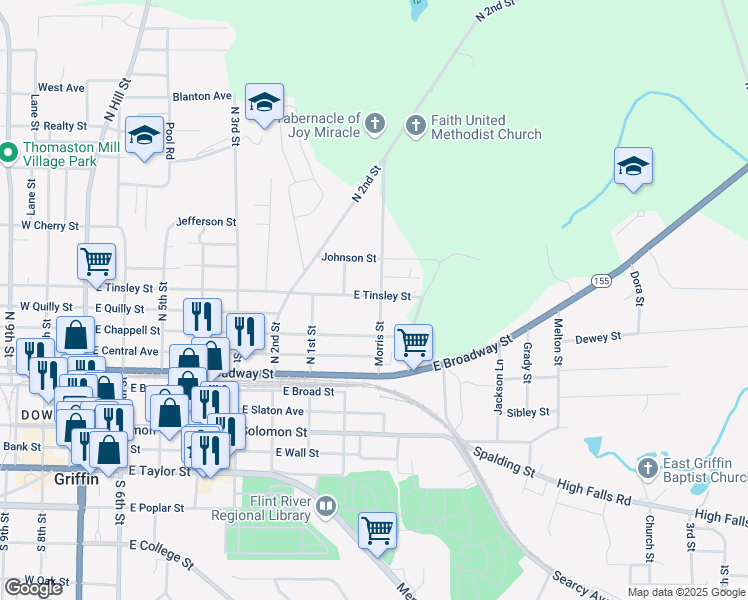 map of restaurants, bars, coffee shops, grocery stores, and more near 227 Morris Street in Griffin