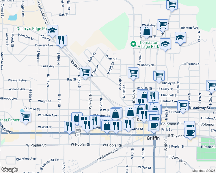 map of restaurants, bars, coffee shops, grocery stores, and more near 502 West Broadway Street in Griffin