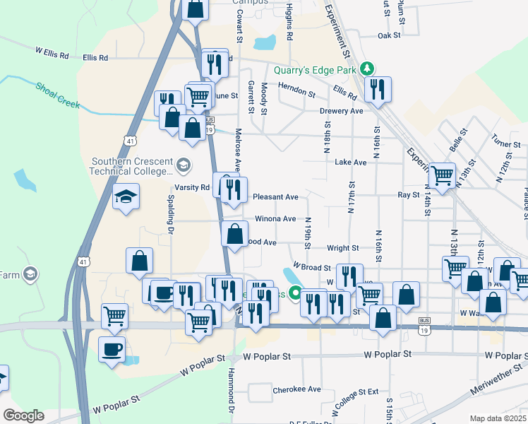 map of restaurants, bars, coffee shops, grocery stores, and more near 1320 Pleasant Avenue in Griffin