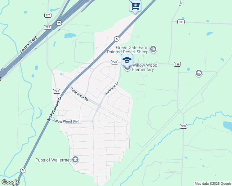 map of restaurants, bars, coffee shops, grocery stores, and more near 1044 County Road 278 in Melissa