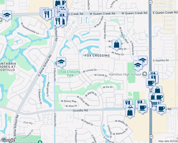 map of restaurants, bars, coffee shops, grocery stores, and more near 3563 South Cox Court in Chandler