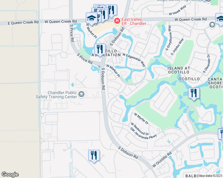 map of restaurants, bars, coffee shops, grocery stores, and more near 3550 South Hollyhock Place in Chandler