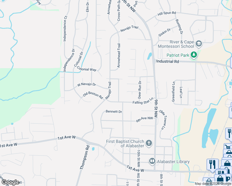 map of restaurants, bars, coffee shops, grocery stores, and more near 847 Burning-Tree Trail in Alabaster
