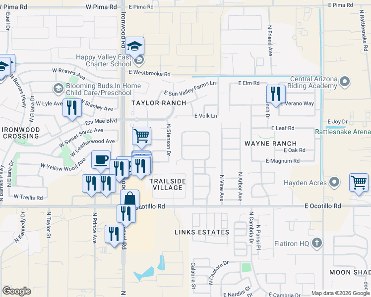 map of restaurants, bars, coffee shops, grocery stores, and more near 725 East Quentin Lane in Queen Creek